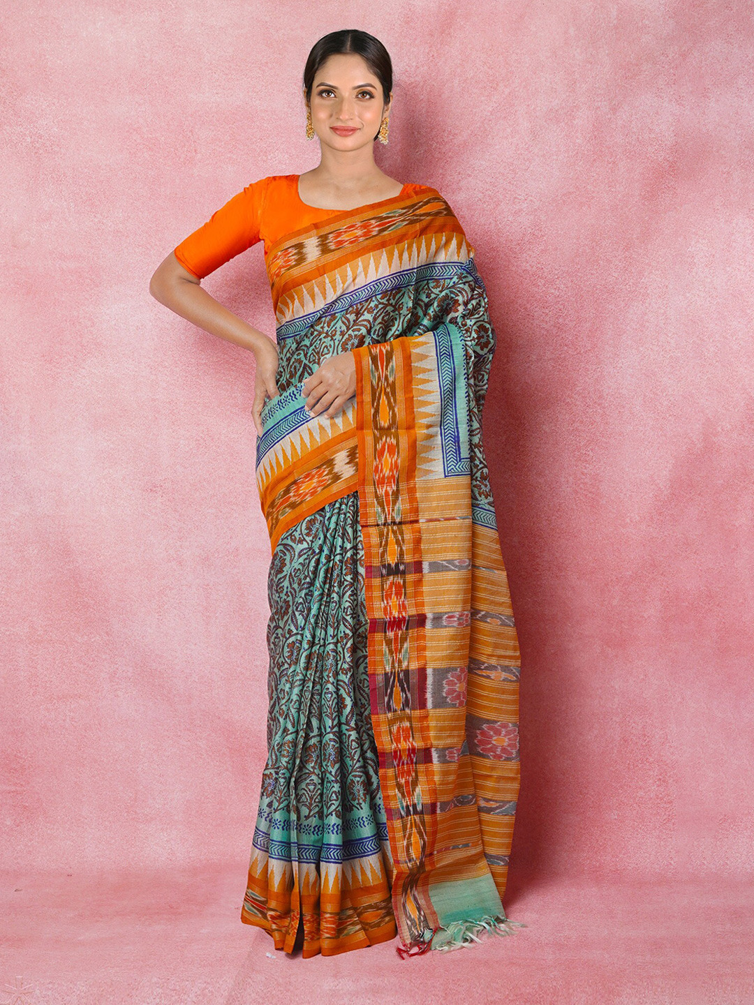 

Unnati Silks Ethnic Motifs Printed Pure Silk Handloom Tussar Saree, Blue
