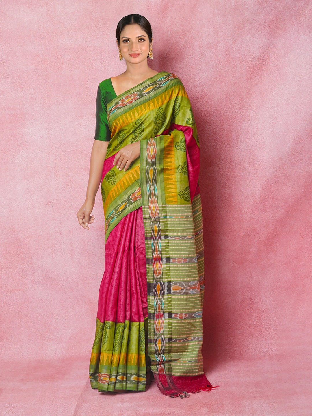 

Unnati Silks Ethnic Motifs Printed Pure Silk Handloom Tussar Saree, Pink