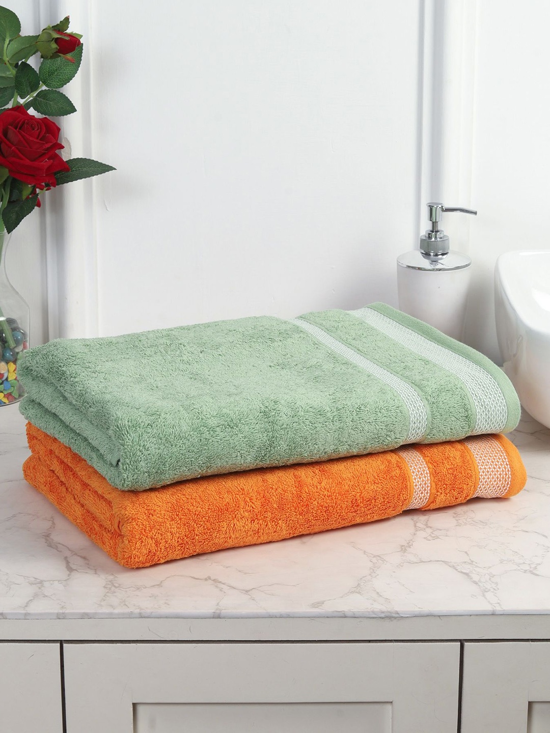 

MAFATLAL Orange & Green 2 Pieces Pure Cotton 550GSM Bath Towels
