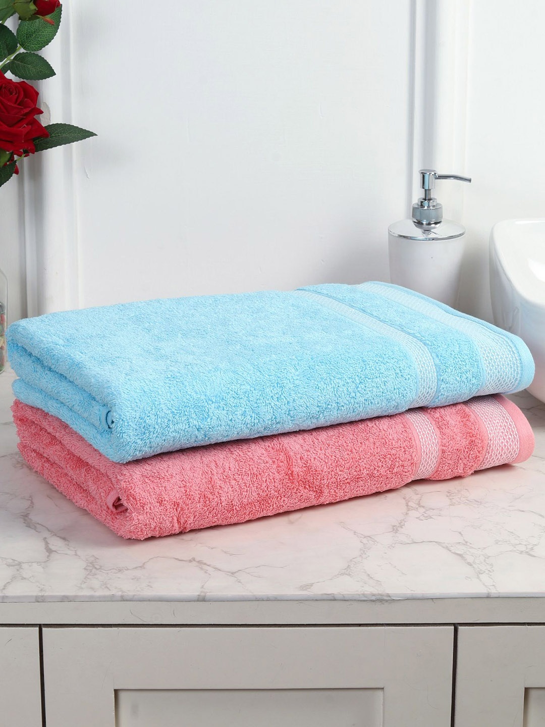 

MAFATLAL Blue & Pink 2 Pieces Solid 550 GSM Cotton Bath Towels