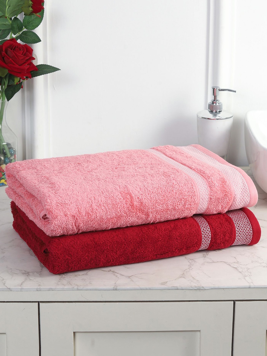 

MAFATLAL Pink & Red 2 Pieces Cotton 550GSM Bath Towels