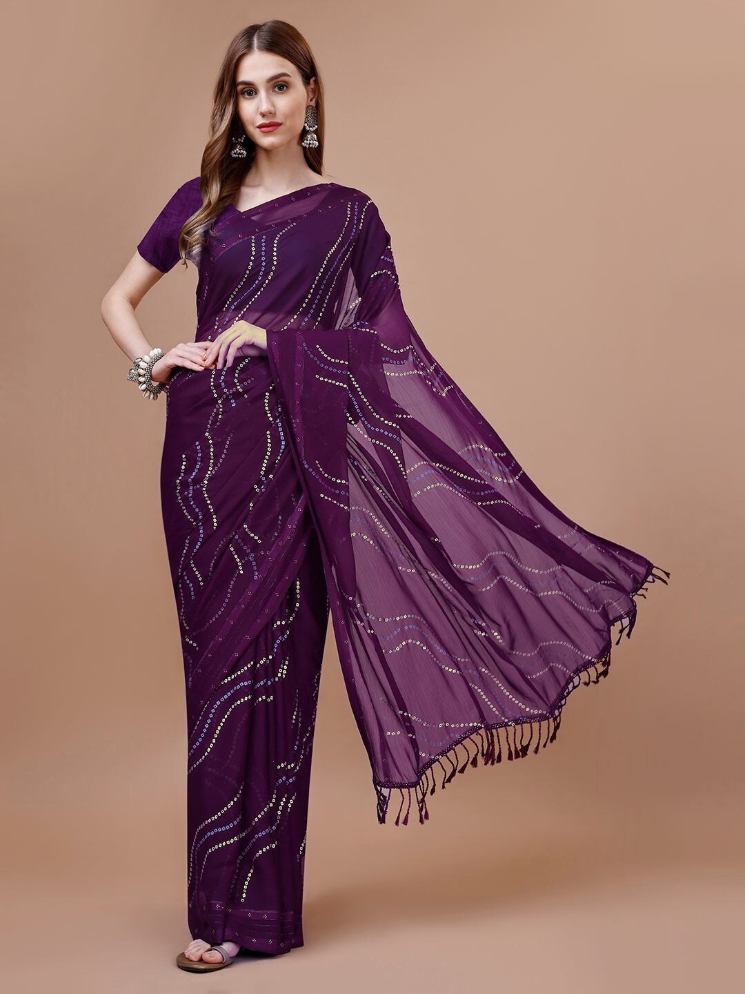 

Mitera Purple Bandhani Printed Pure Chiffon Saree