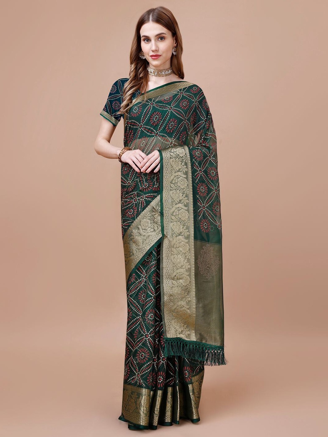 

Mitera Green Floral Woven Design Zari Organza Saree