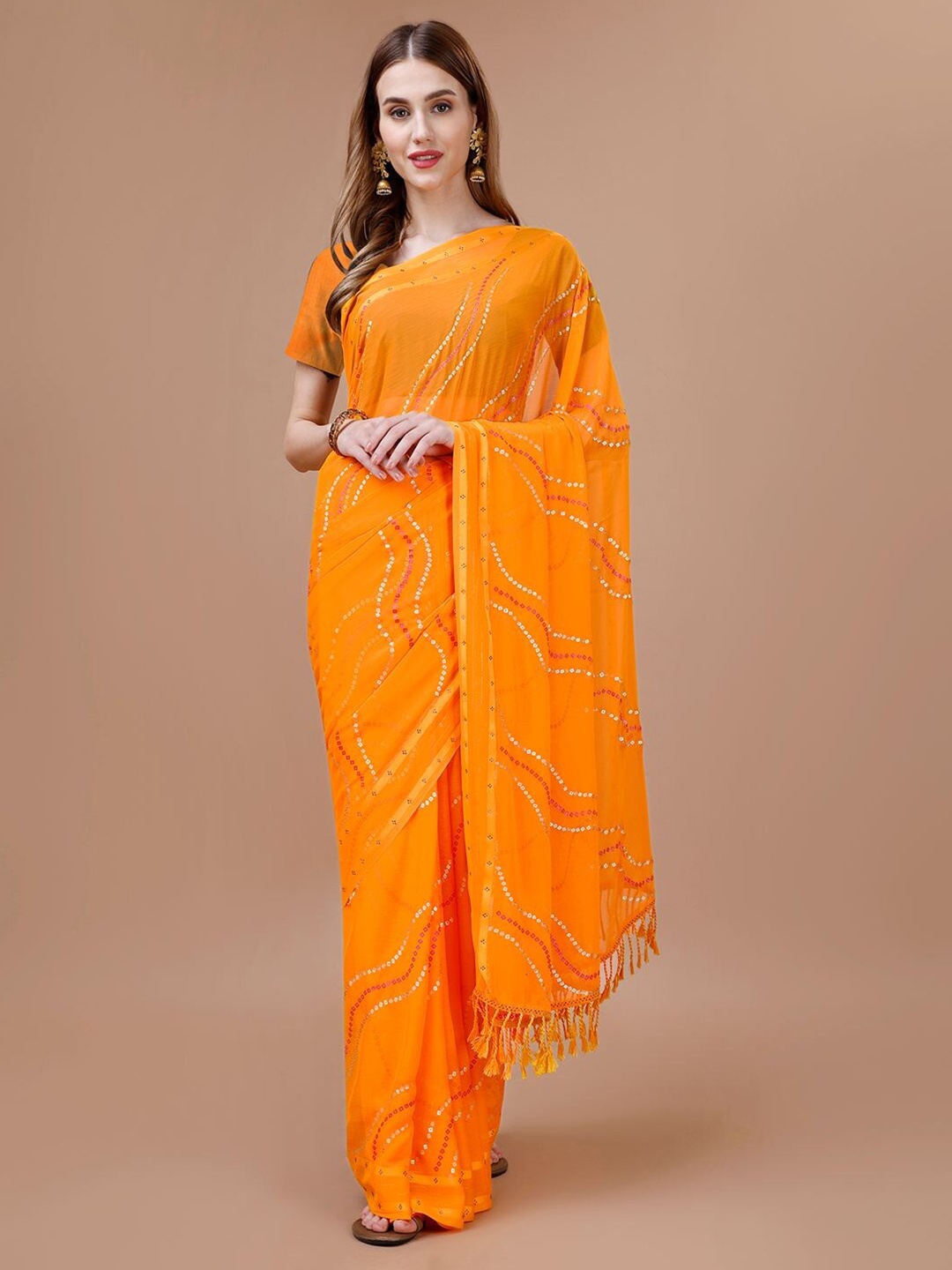 

Mitera Mustard Yellow Alsino Patta Leheriya Printed Saree