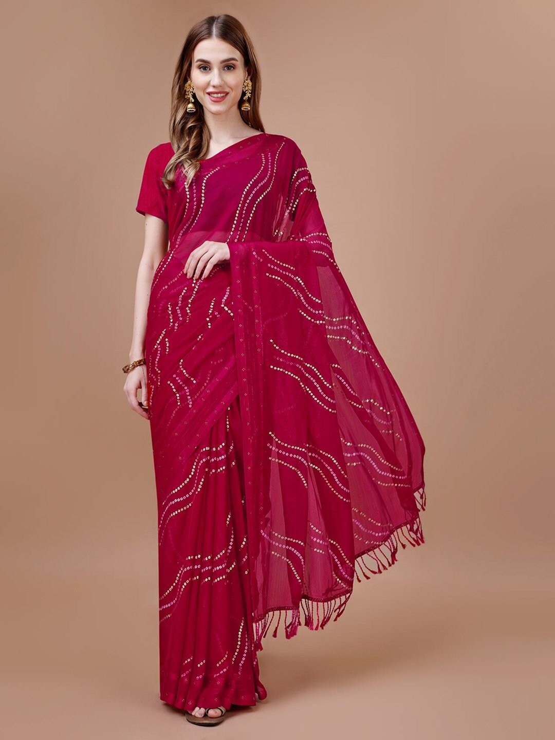

Mitera Red Bandhani Printed Beads and Stones Pure Chiffon Saree