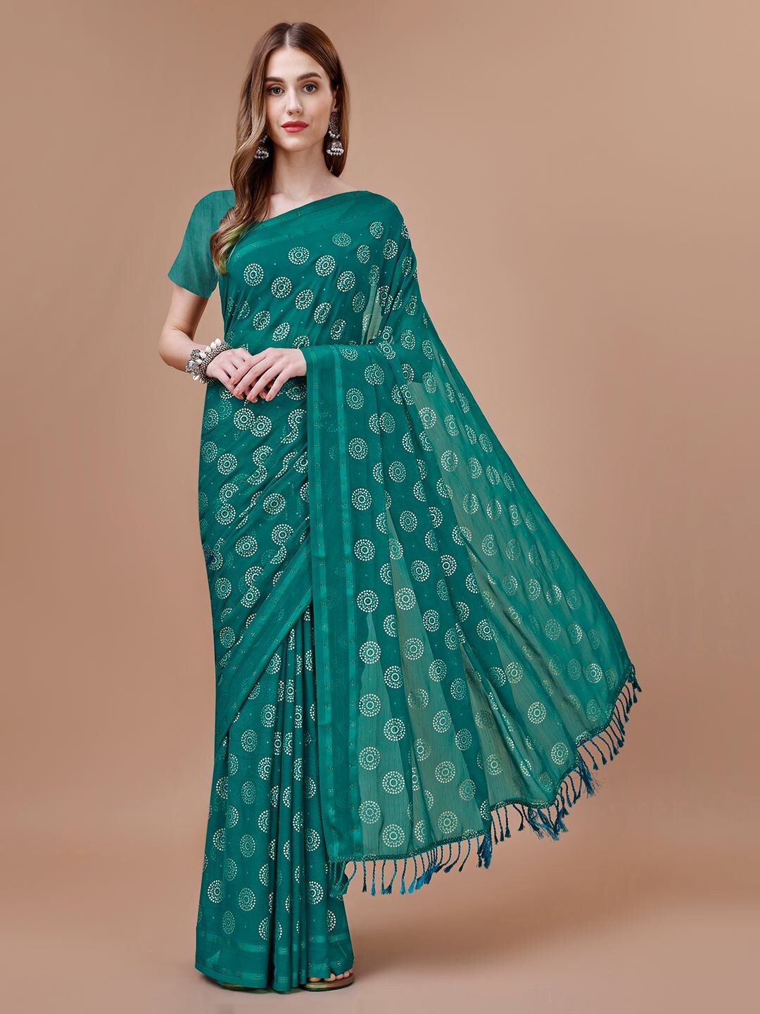 

Mitera Teal Bandhani Printed Beads and Stones Silk Cotton Saree