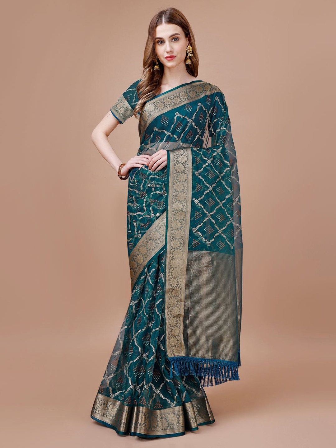 

Mitera Blue Ethnic Motifs Printed Organza Saree