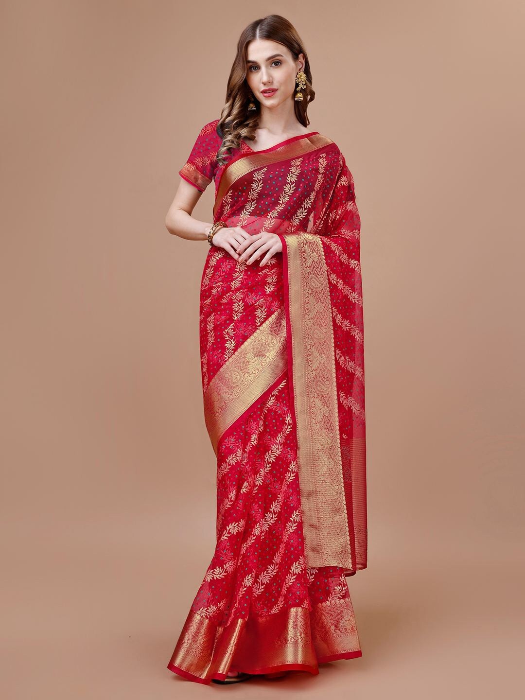 

Mitera Pink Floral Printed Zari Detailed Organza Saree