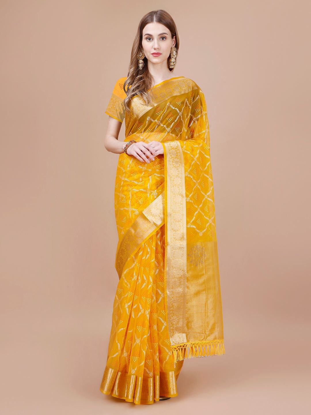 

Mitera Yellow Ethnic Motifs Printed Organza Saree
