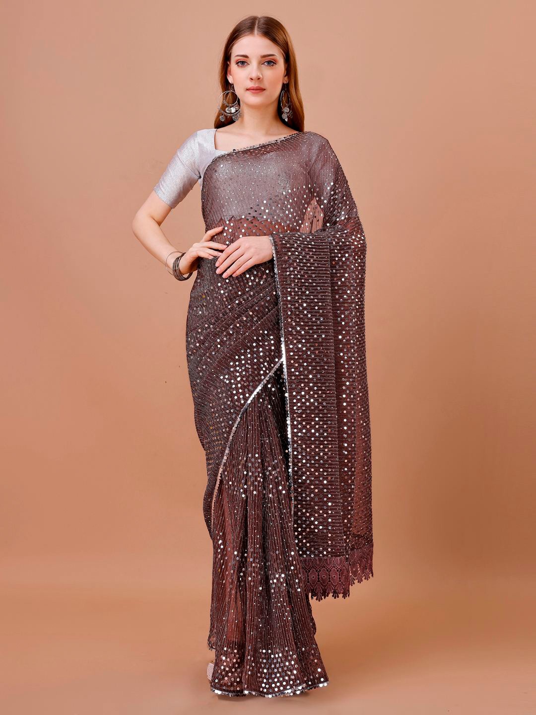 

Mitera Brown Embroidered Sequinned Lycra Saree