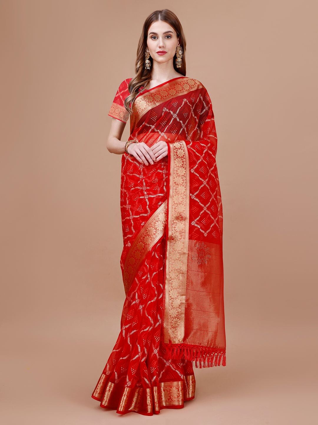 

Mitera Red & Gold Toned Ethnic Motifs Printed Zari Organza Saree