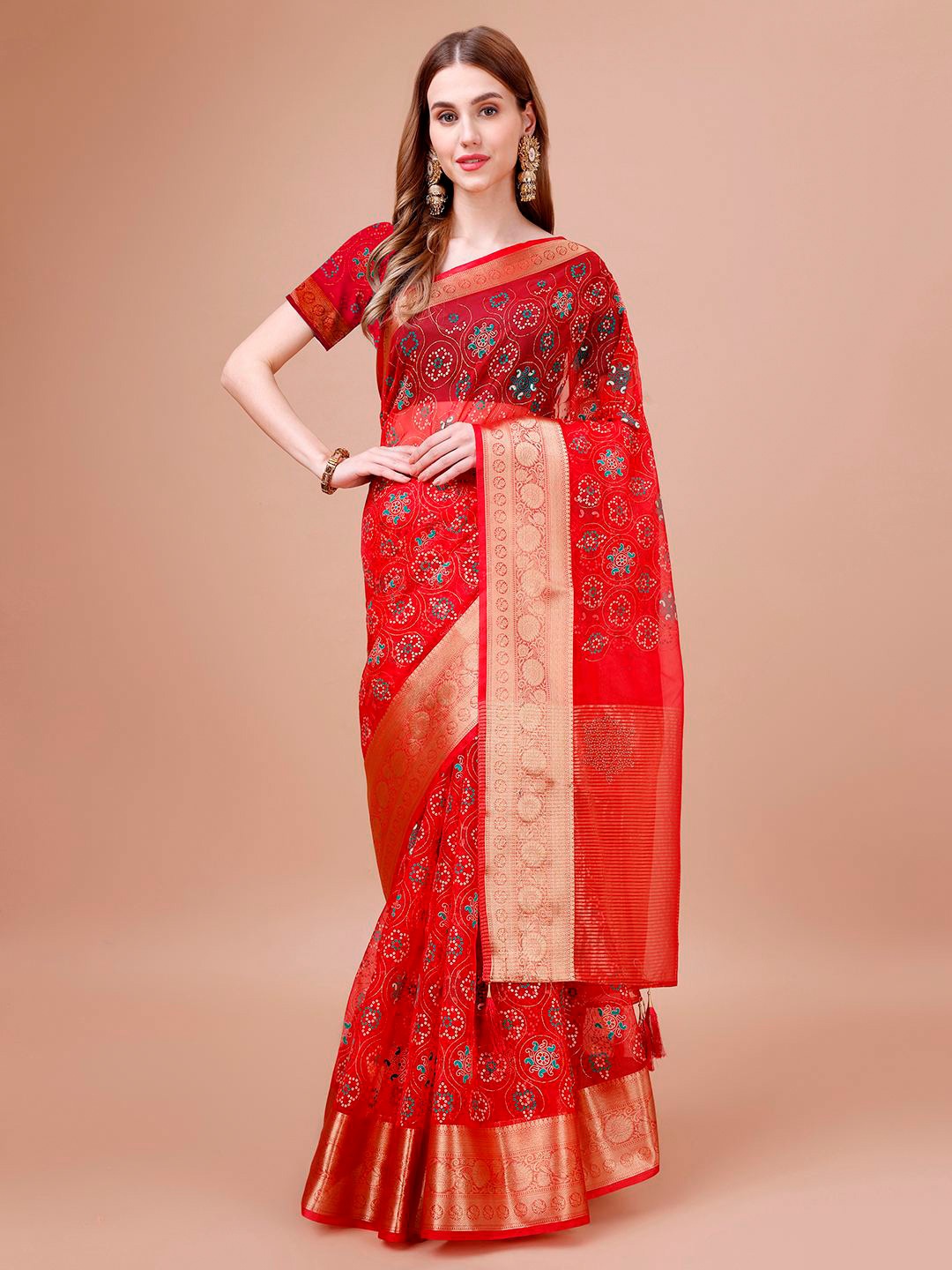 

Mitera Red Paisley Printed Zari Organza Saree