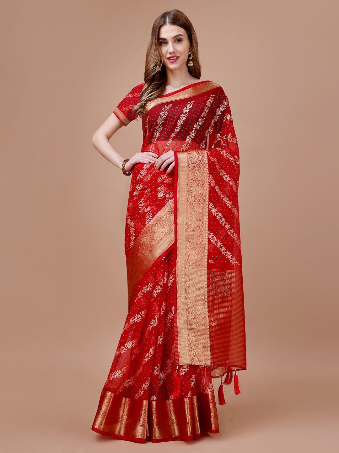 

Mitera Red Floral Printed Zari Detailed Organza Saree