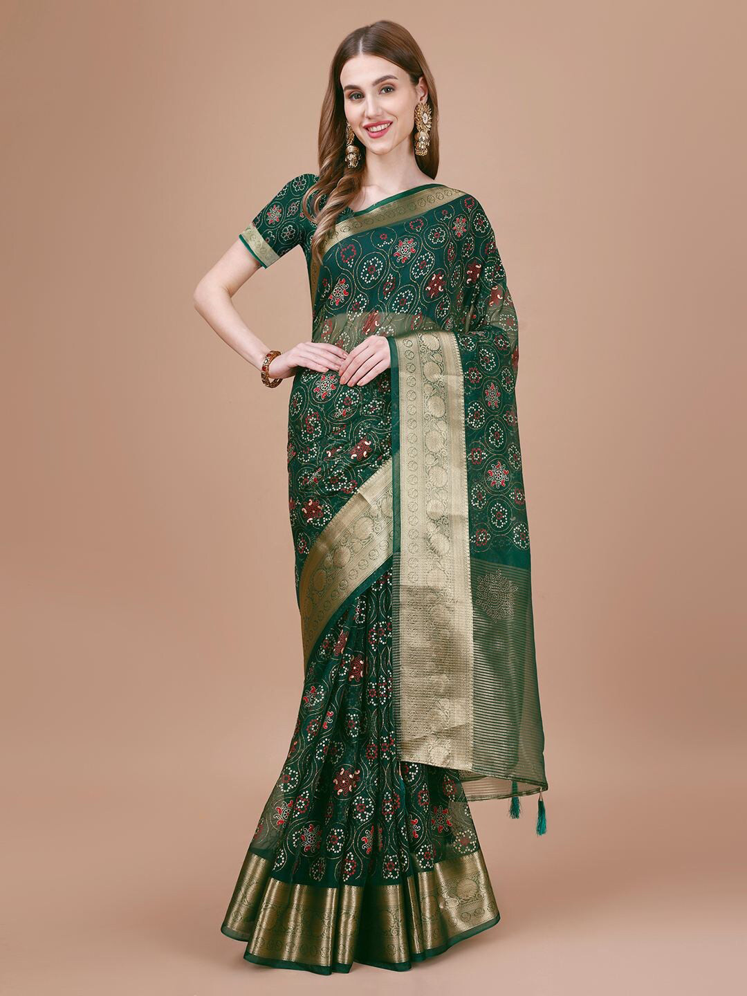 

Mitera Green & Gold Toned Ethnic Motifs Printed Zari Organza Saree