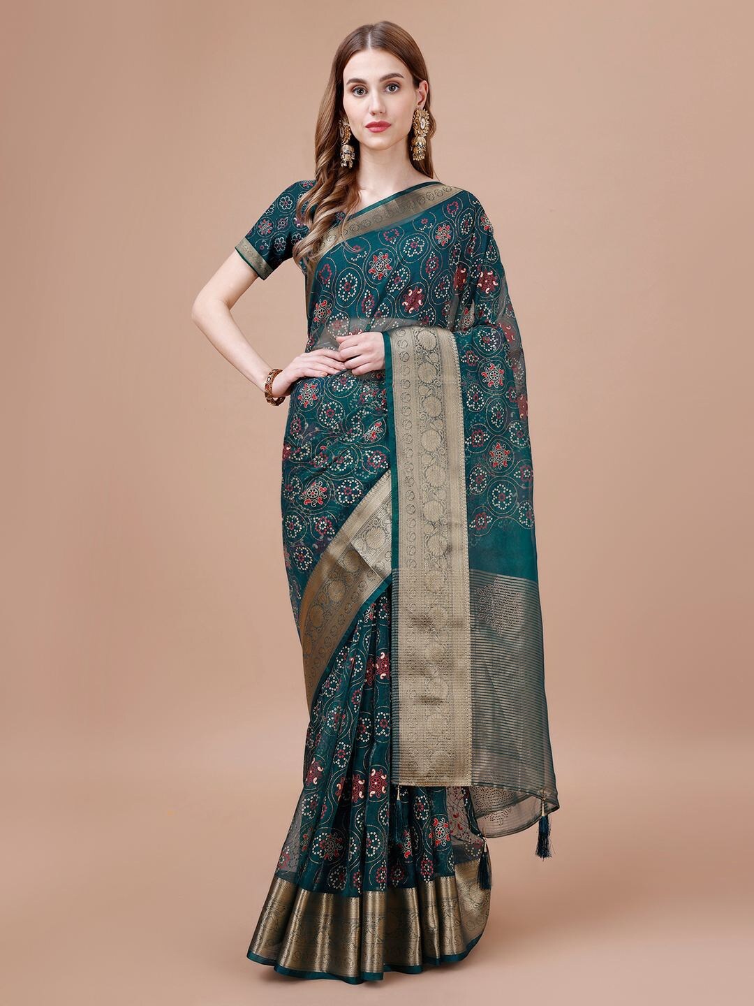 

Mitera Blue Ethnic Motifs Latkan Printed Organza Saree