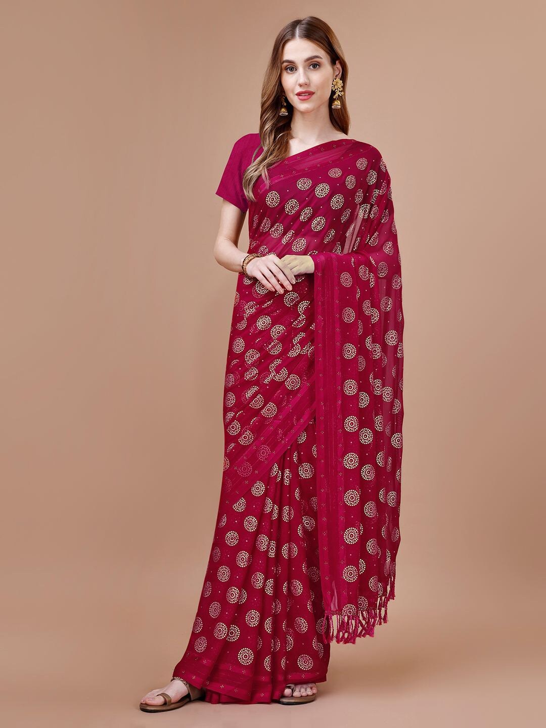 

Mitera Maroon Bandhani Printed Beads and Stones Silk Cotton Saree