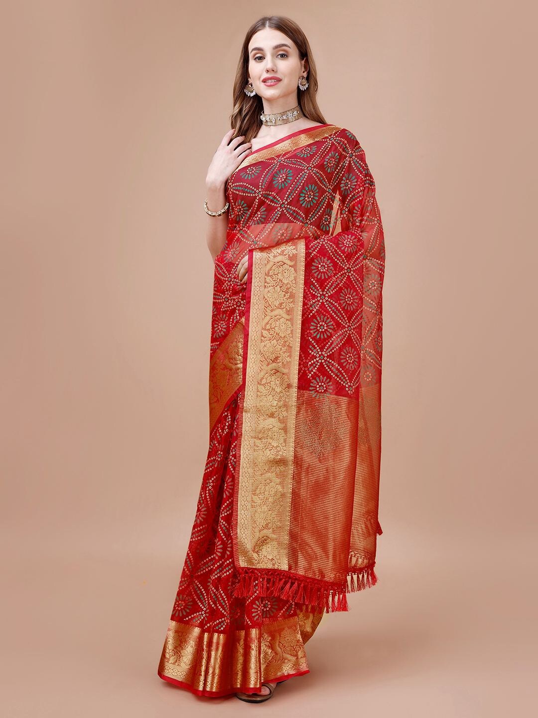 

Mitera Maroon Bandhani Printed Pure Chiffon Saree