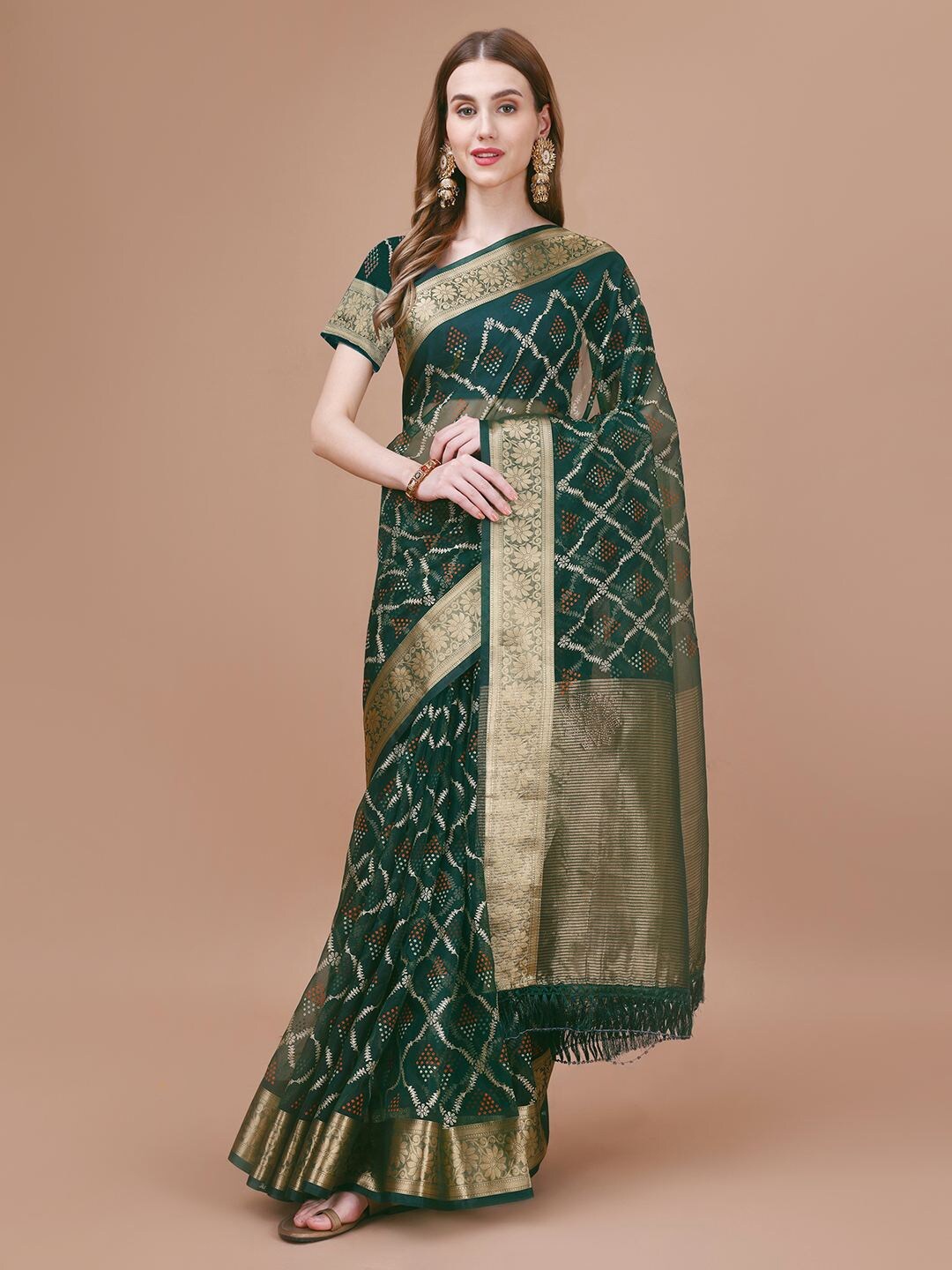 

Mitera Green Ethnic Motifs Printed Organza Saree