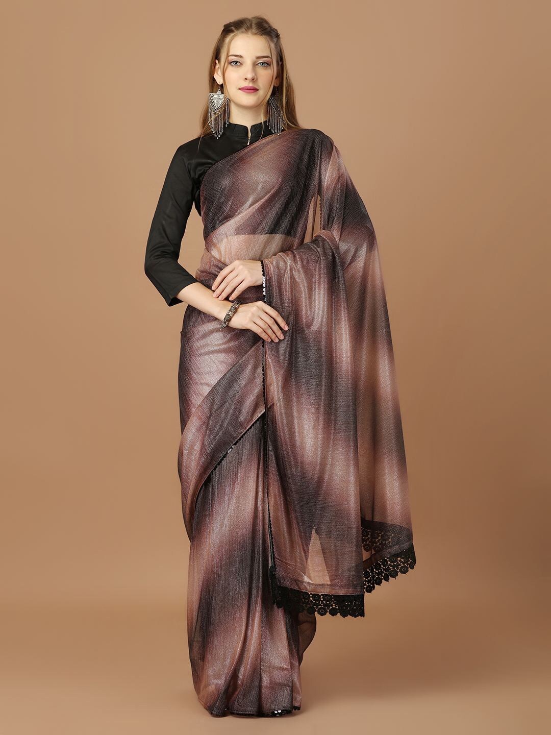 

Mitera Brown Abstract Digital Printed Lace Border Saree