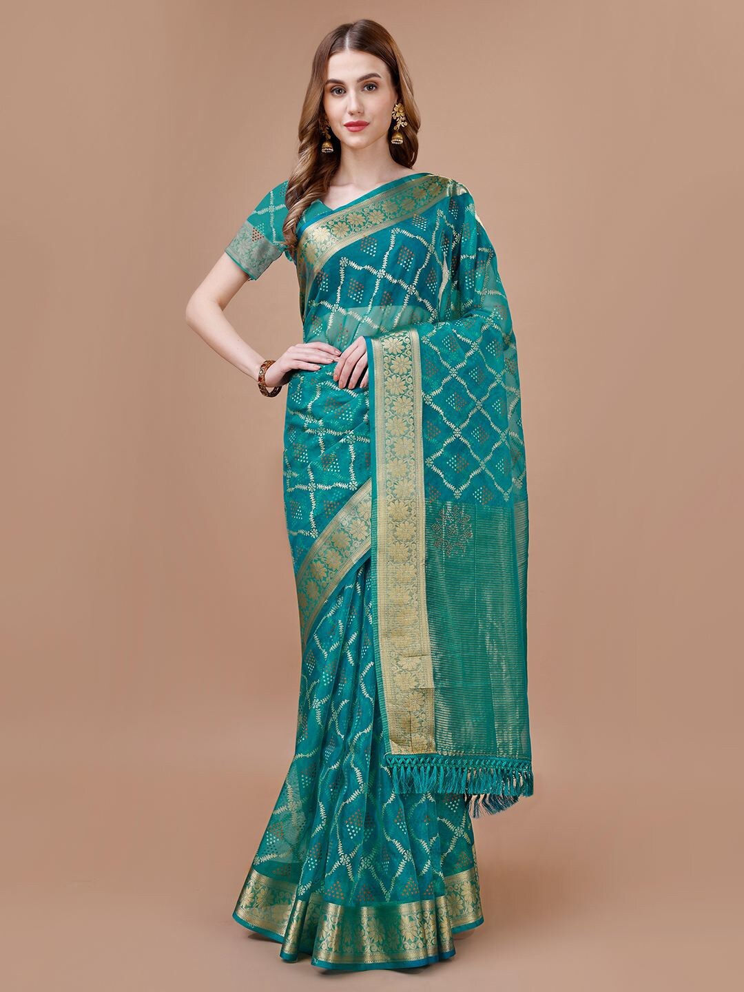 

Mitera Teal Green & Gold Toned Ethnic Motifs Printed Zari Organza Saree