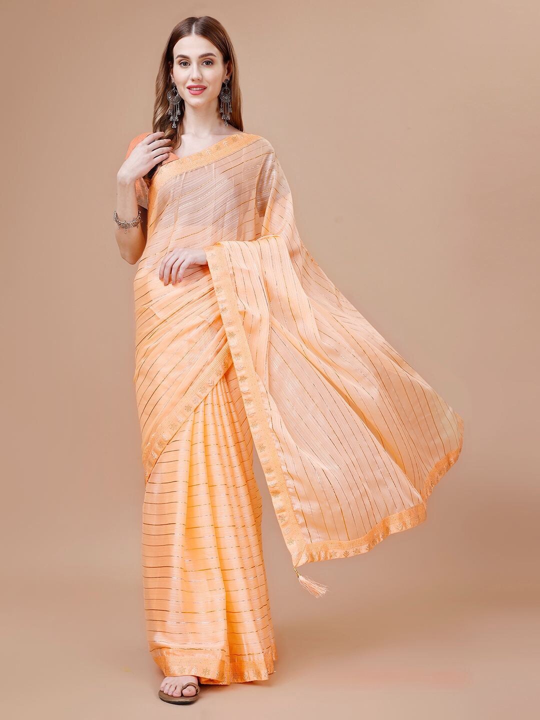 

Mitera Orange Striped Silk Cotton Saree