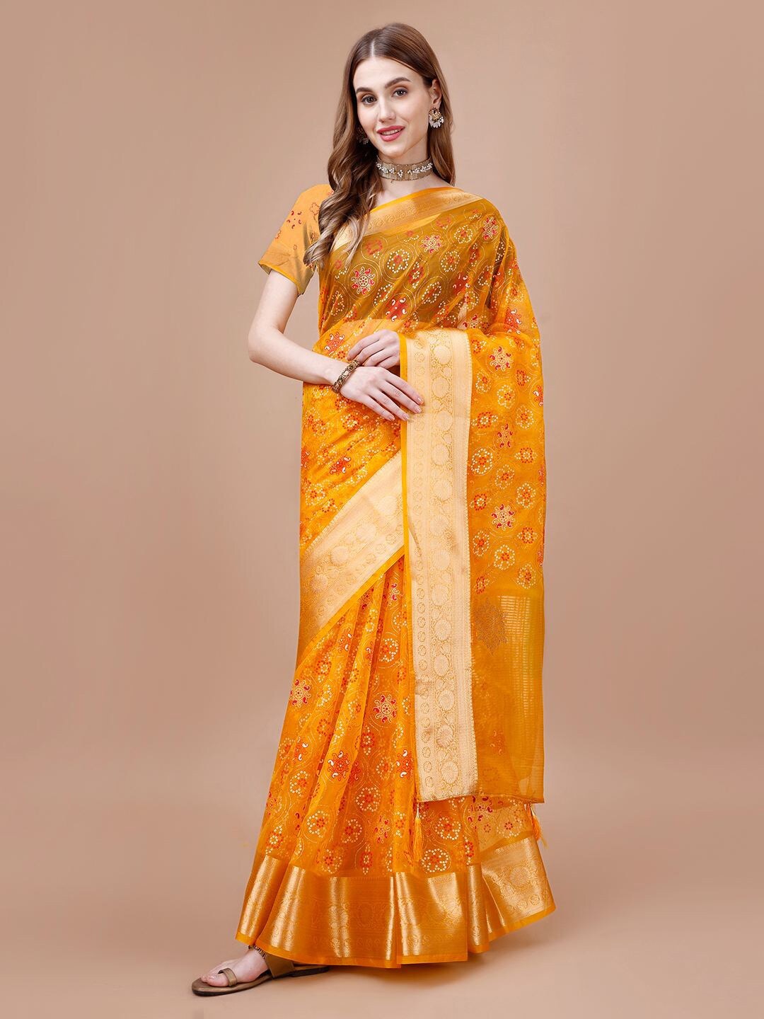 

Mitera Yellow Bandhani Printed Organza Bandhani Saree