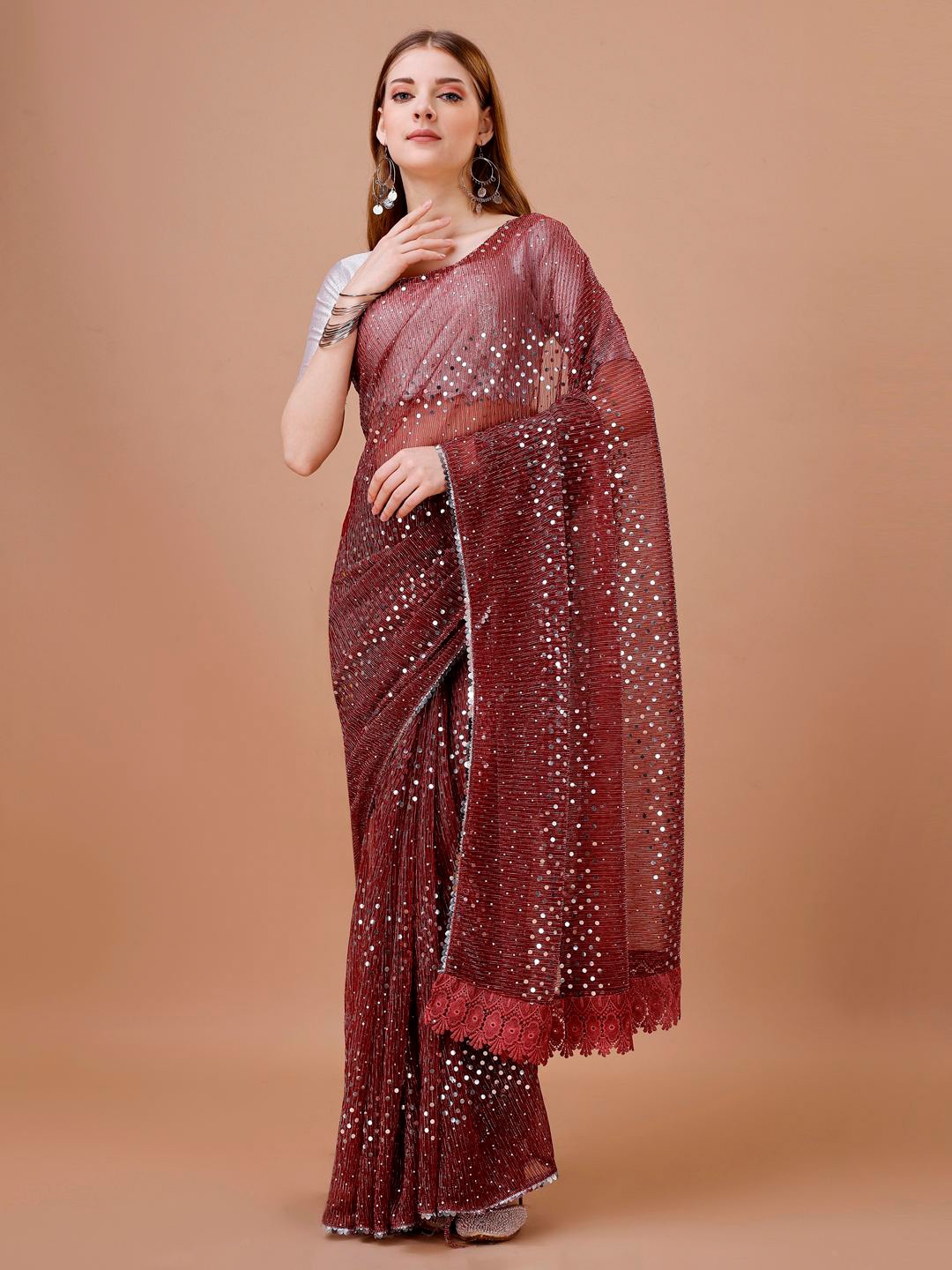 

Mitera Red Embellished Sequinned Lycra Saree