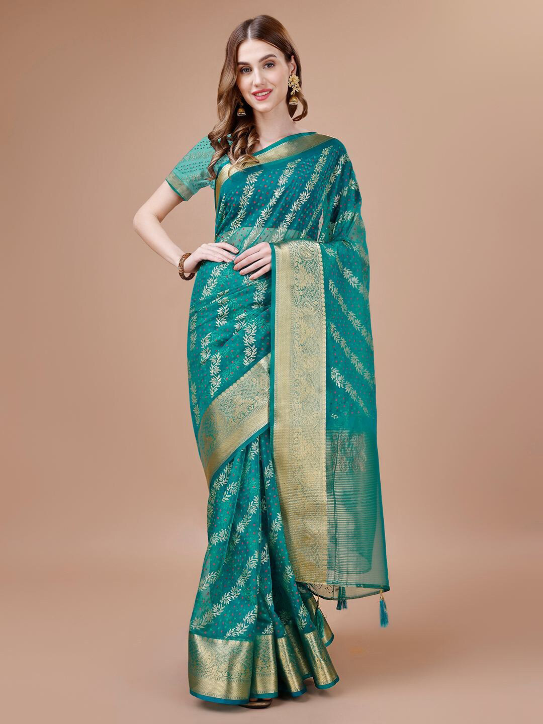 

Mitera Teal Patchwork Organza Designer Saree