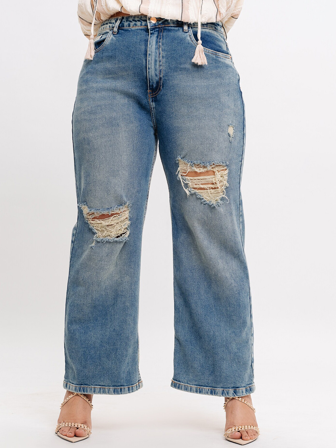 

FREAKINS Women Straight Fit High-Rise Highly Distressed Comfort Light Fade Jeans, Blue