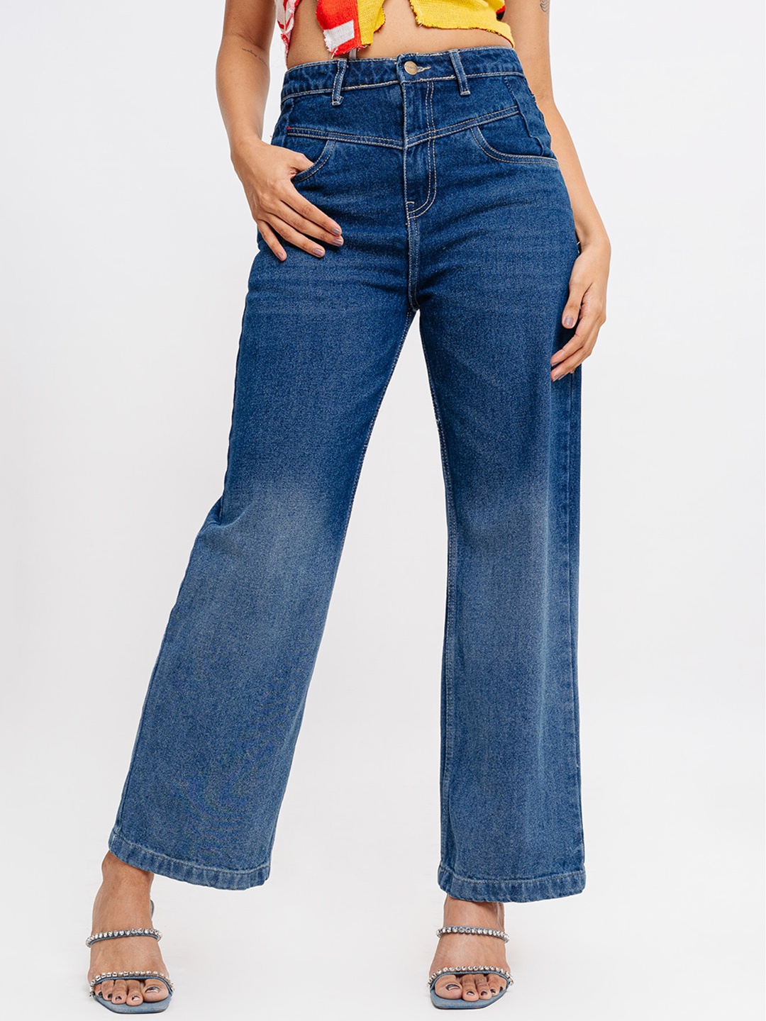 

FREAKINS Women Straight Fit Comfort High-Rise Light Fade Cotton Jeans, Blue