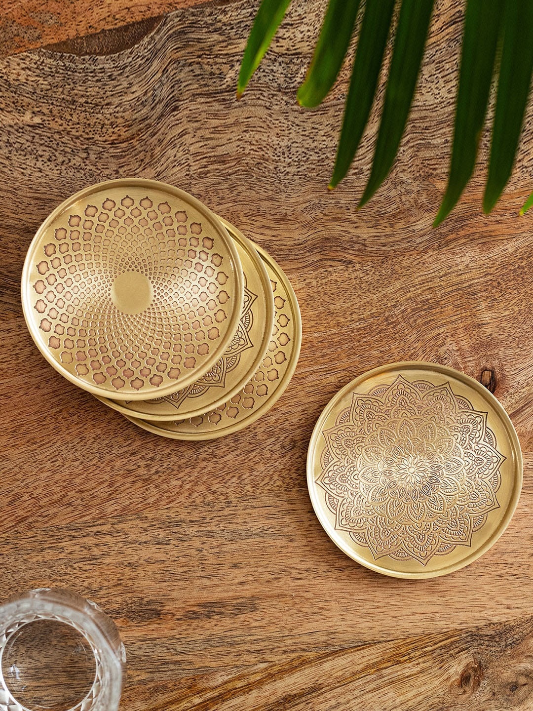 

ExclusiveLane Gold Toned 4 pieces Mughal Mandala Etched Round Brass Coasters