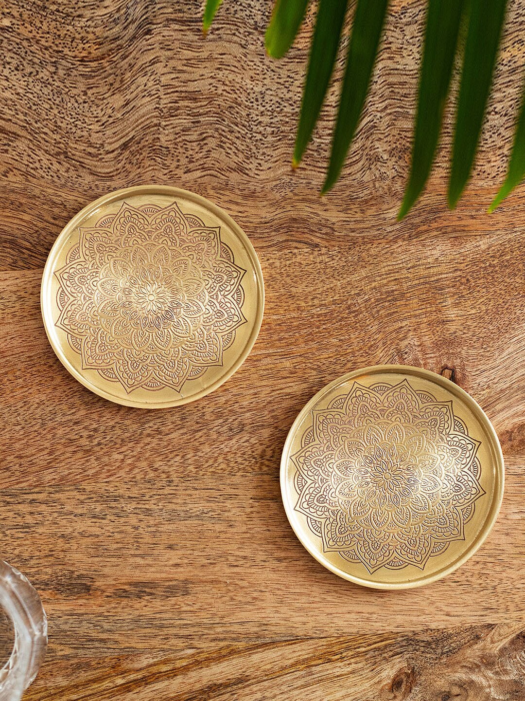 

ExclusiveLane Gold Toned 2 pieces Mandala Design Etched Round Brass Coasters