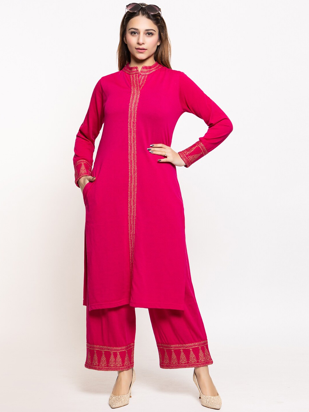 

KEIKO Floral Woven Design Mandarin Collar Straight Kurta With Palazzos, Pink