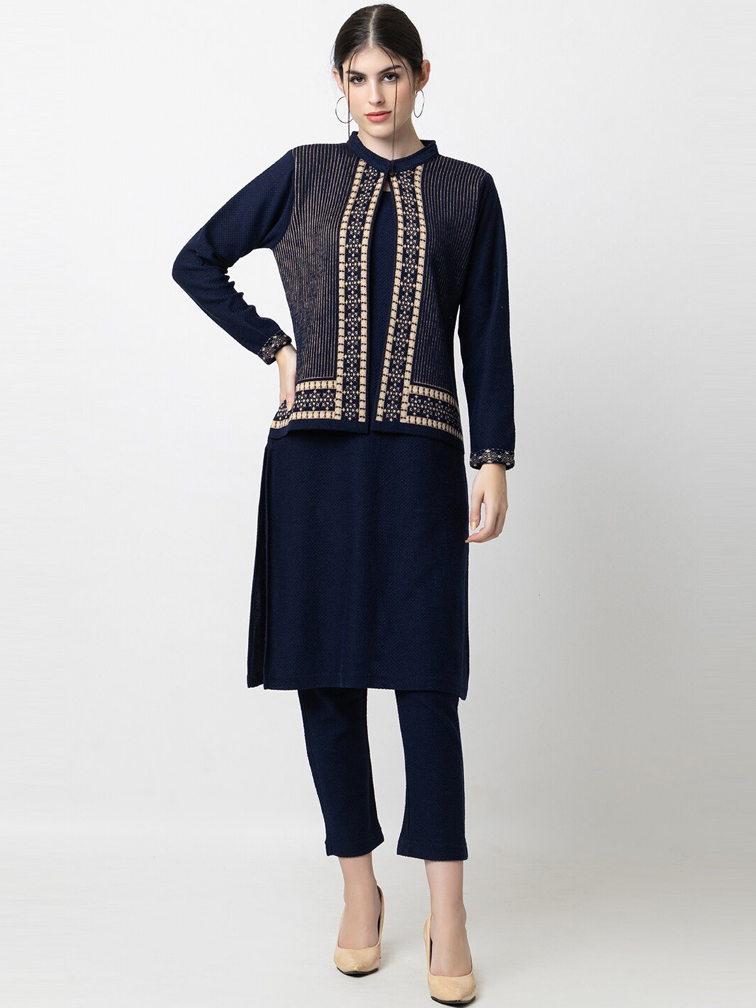 

KEIKO Ethnic Motifs Woven Design Jacquard Kurta With Palazzos, Navy blue
