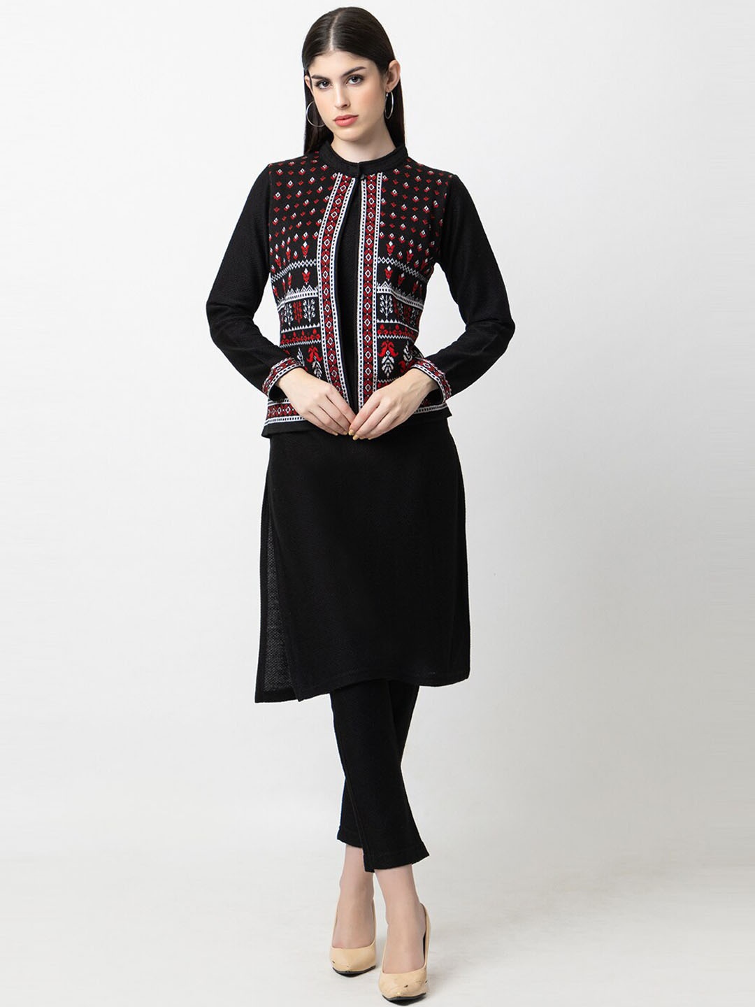 

KEIKO Ethnic Motifs Woven Design Kurta With Trousers, Black