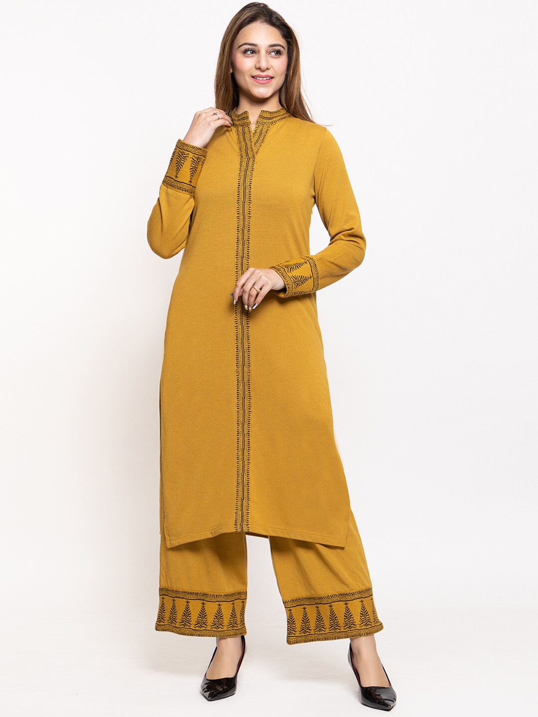 

KEIKO Floral Woven Design Mandarin Collar Straight Kurta With Palazzos, Mustard