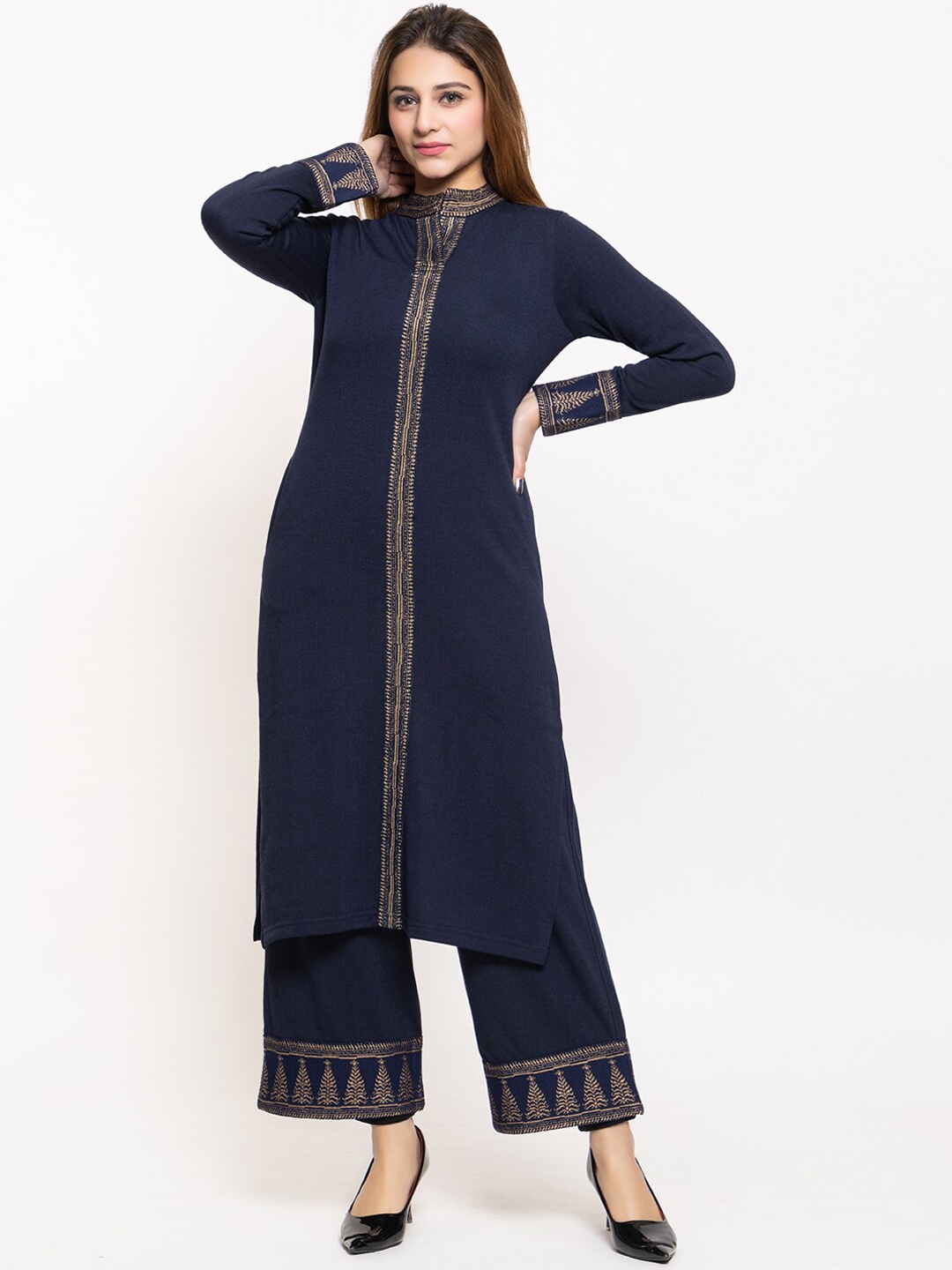 

KEIKO Woven Design Acrylic Kurta With Palazzos, Navy blue