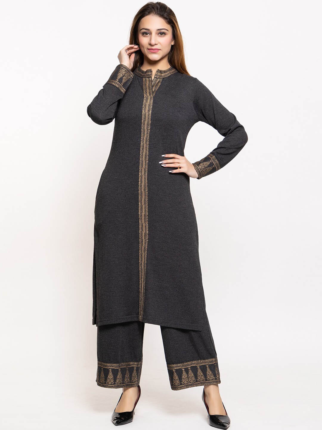 

KEIKO Ethnic Motifs Printed Jacquard Kurta & Palazzo, Charcoal