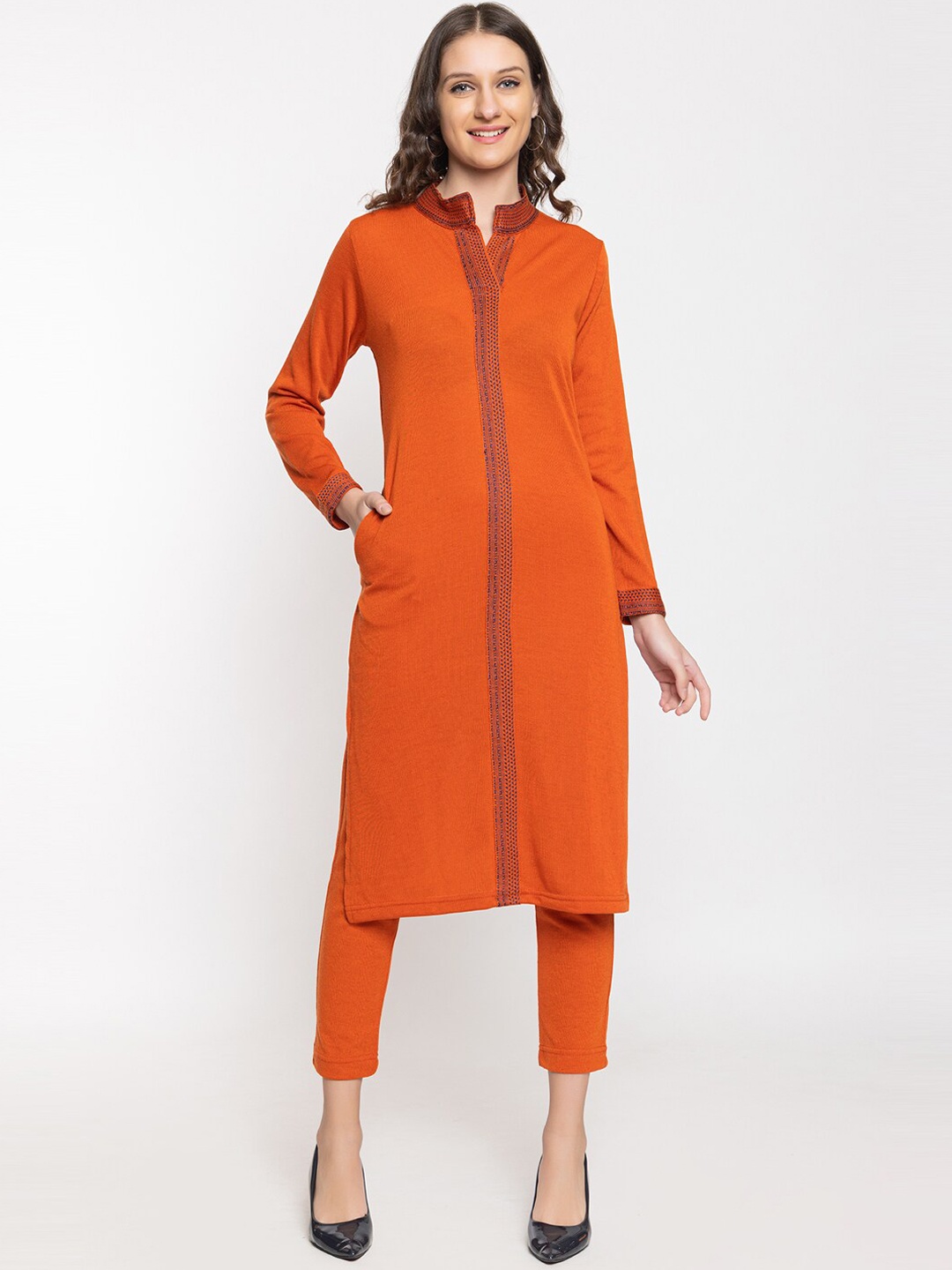 KEIKO Mandarin Collar Straight Kurta With Trousers, Orange