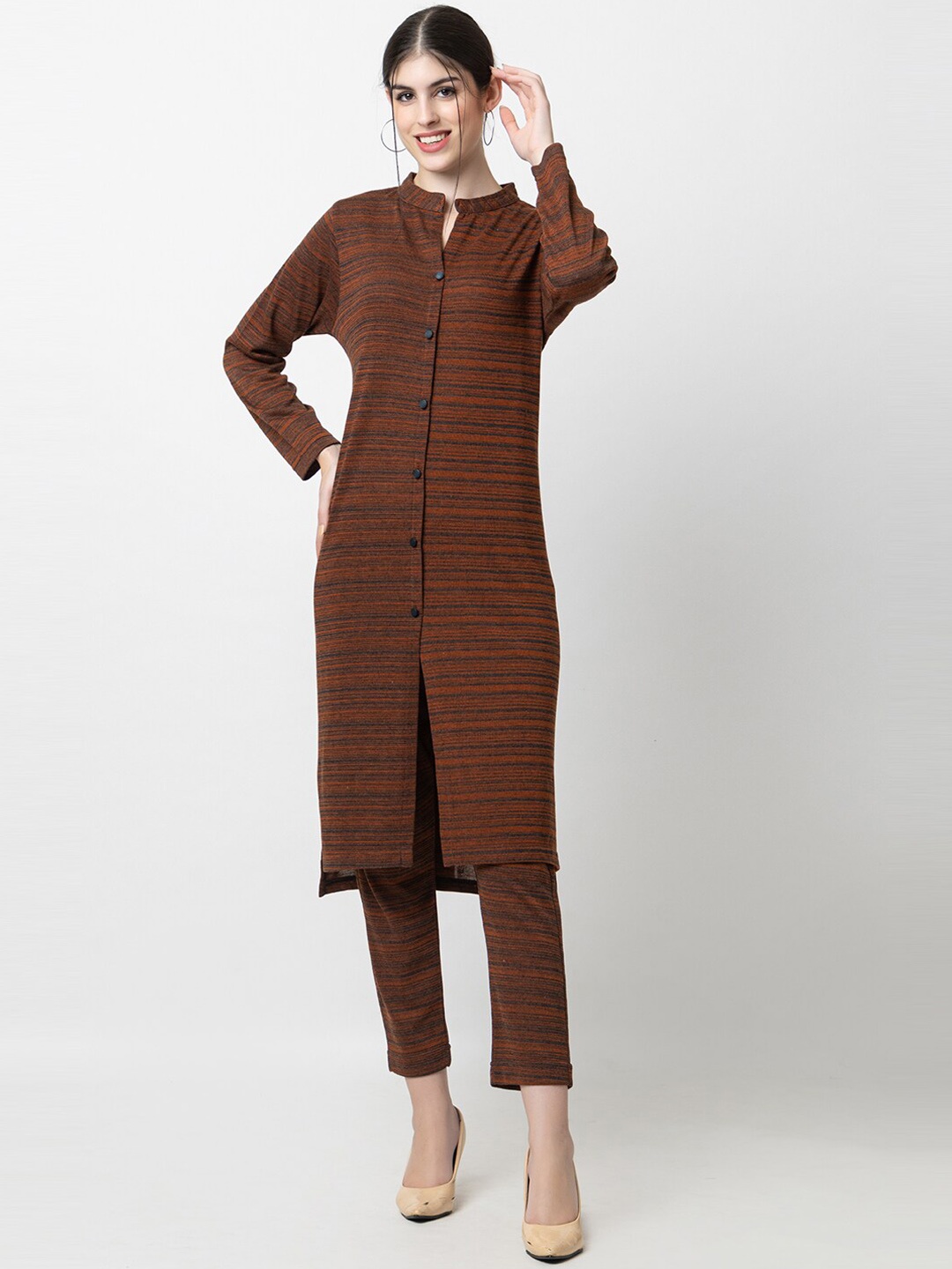 

KEIKO Striped Mandarin Collar Regular Kurta With Trousers, Rust