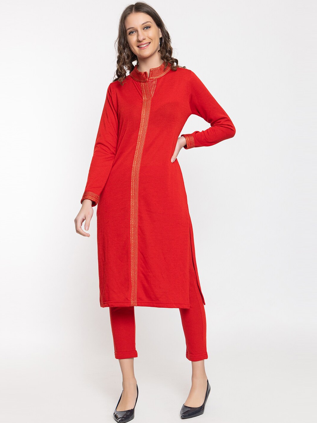 

KEIKO Mandarin Collar Jacquard Straight Kurta & Trouser, Red