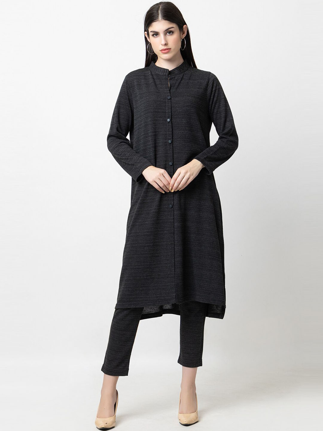 

KEIKO Mandarin Collar Regular Kurta With Trousers, Black