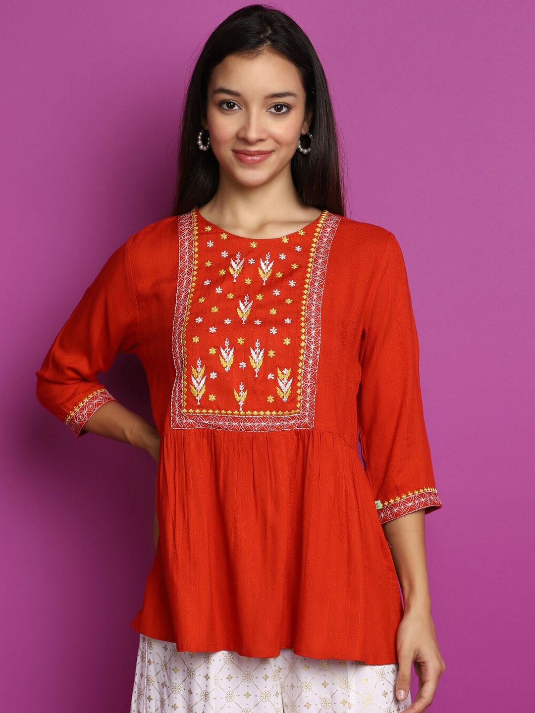 

V-Mart Ethnic Motifs Yoke Design Thread Work Straight Kurti, Orange