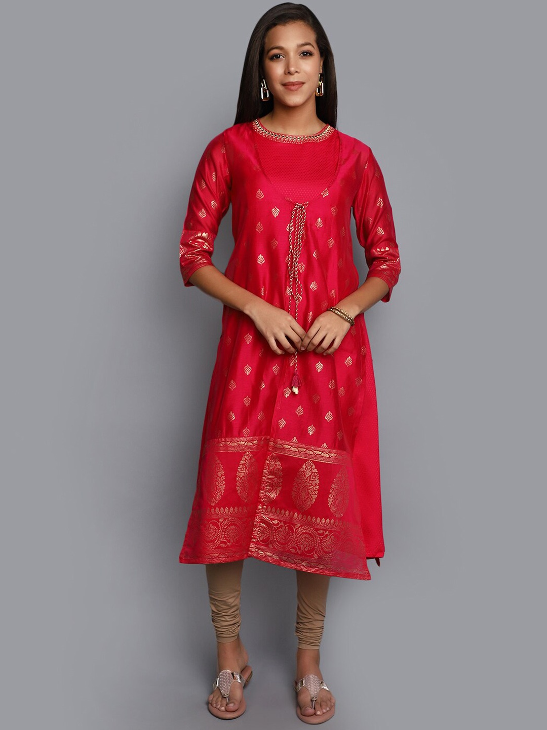 

V-Mart Ethnic Motifs Printed Mirror Work Layered A Line Kurta, Fuchsia