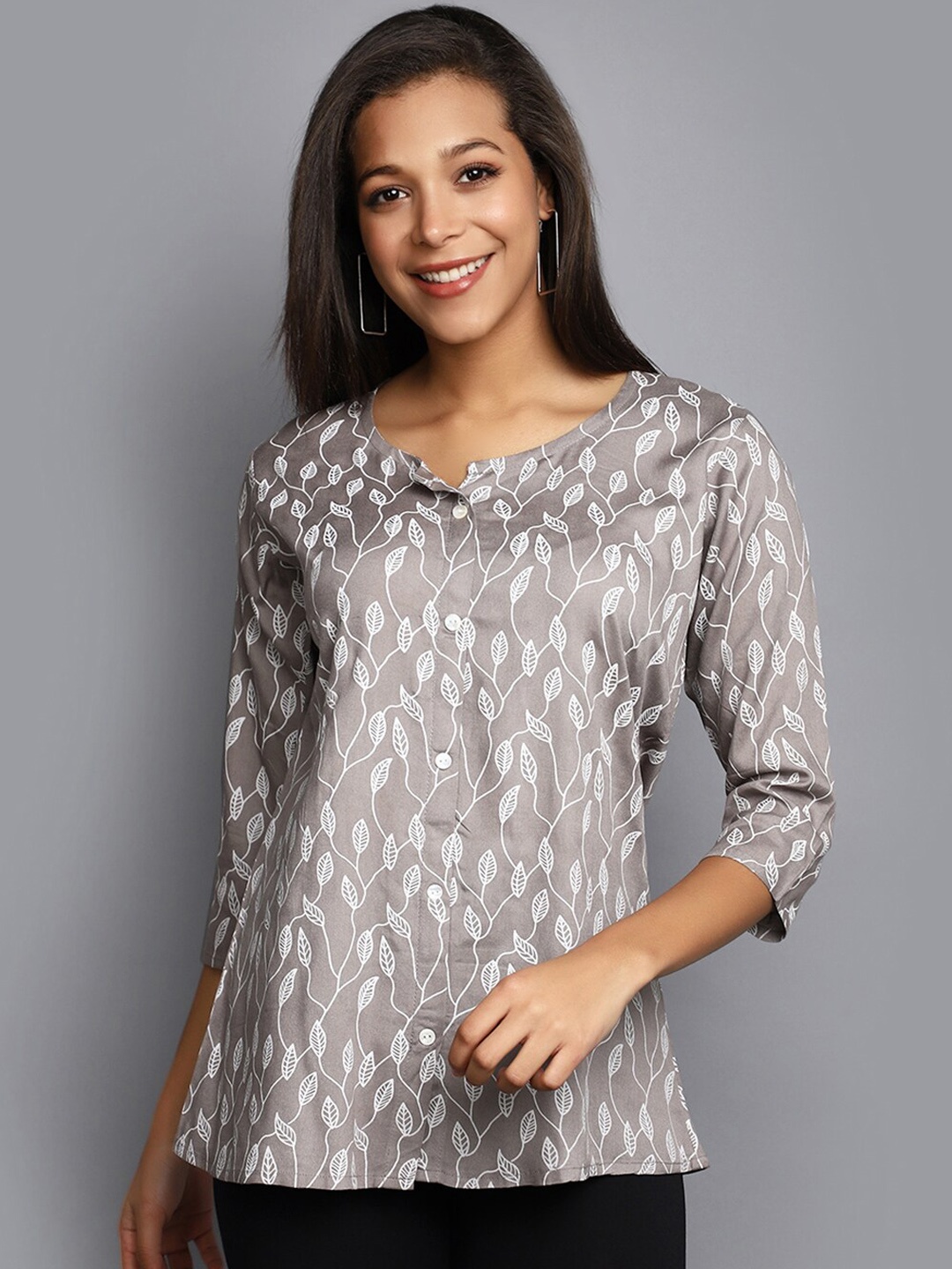 

V-Mart Floral Printed Round Neck A-Line Kurti, Grey
