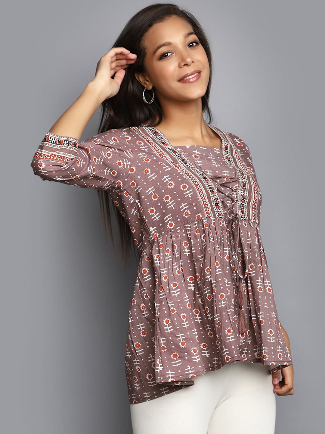 

V-Mart Ethnic Motifs Printed Square Neck Cotton Kurti, Brown