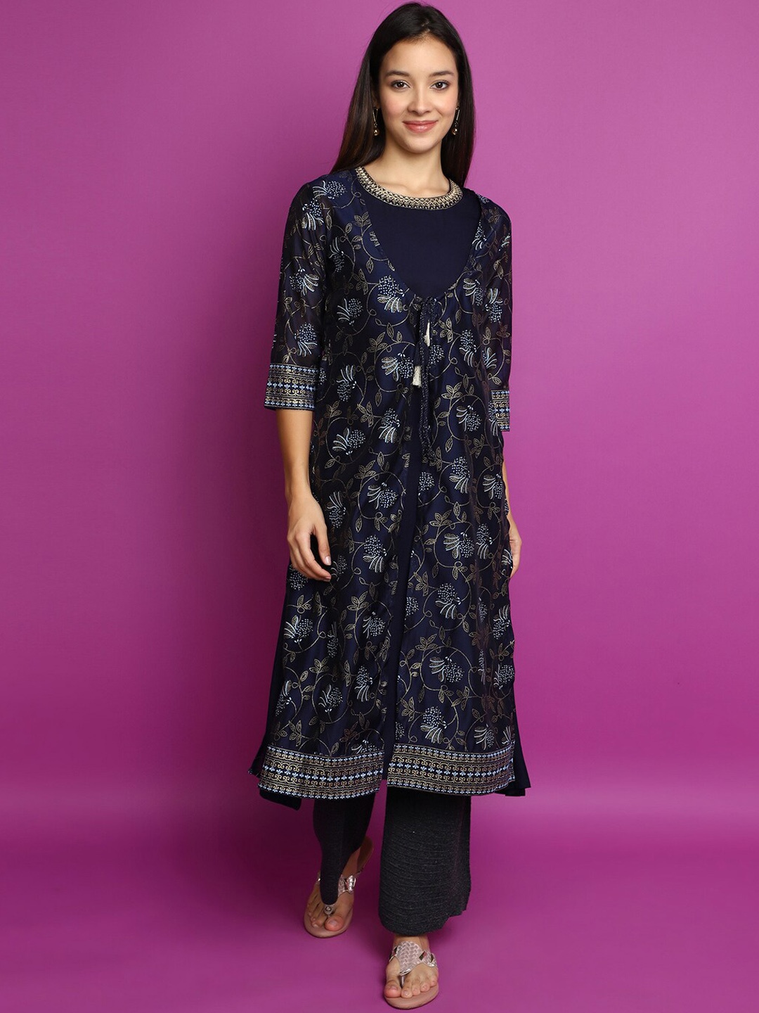 

V-Mart Ethnic Motifs Printed Mirror Work Layered A Line Kurta, Navy blue