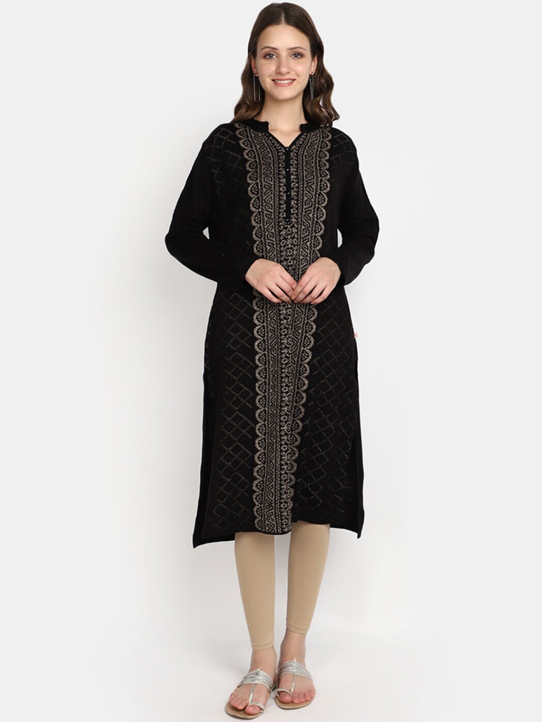 

V-Mart Geometric Woven Design Jacquard Cotton Straight Kurta, Black