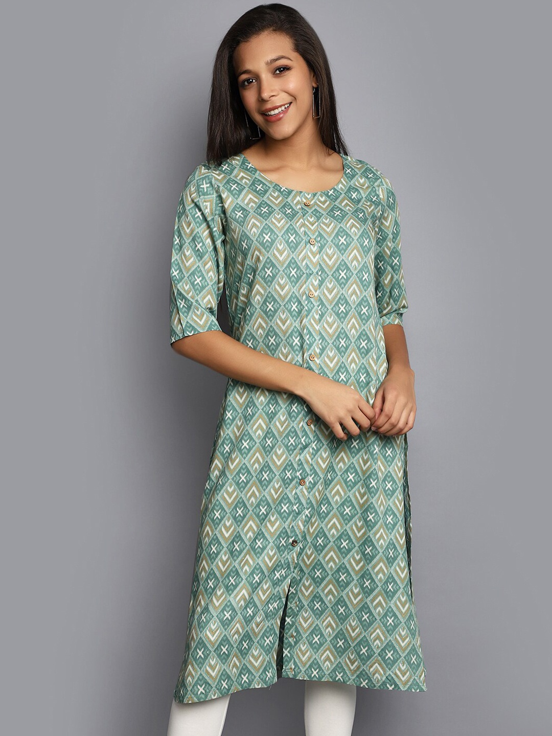 

V-Mart Geometric Printed Straight Kurta, Green