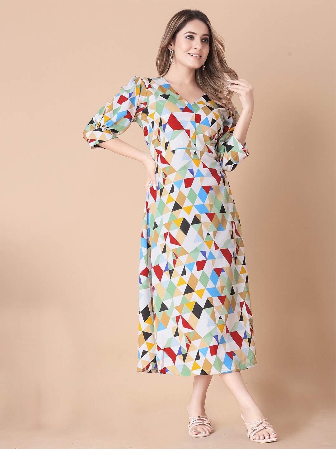 

N N ENTERPRISE Multicoloured Print Puff Sleeve Crepe A-Line Midi Dress, Multi